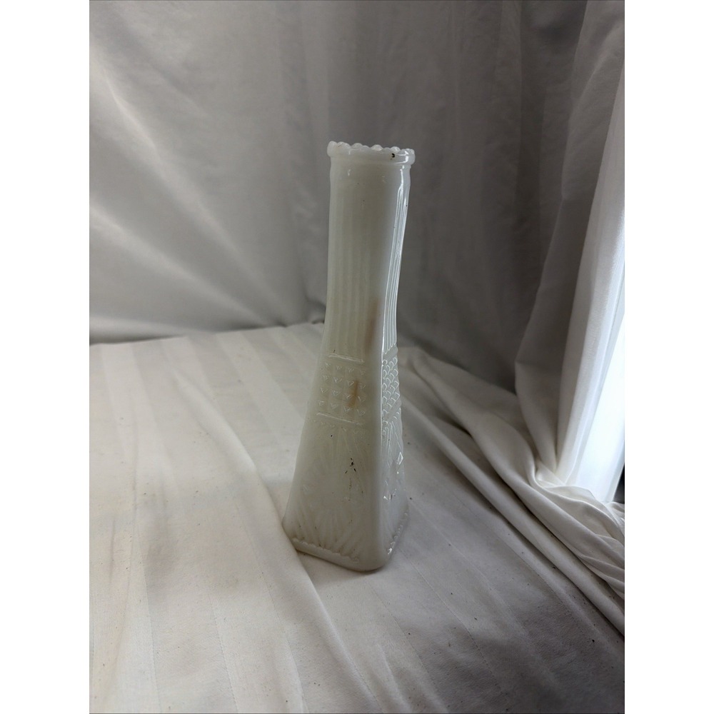 White Milk Glass Vase Geometric Pattern Glossy Opaque Decorative